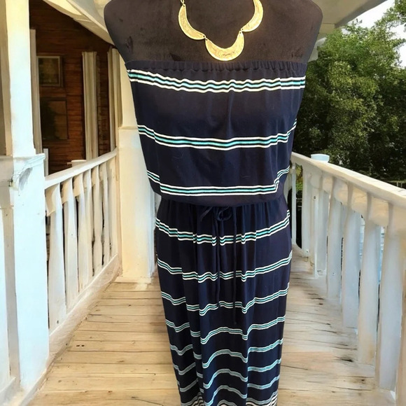 J. Crew Navy White & Aqua Striped Maxi Dress pockets size small - Picture 5 of 7